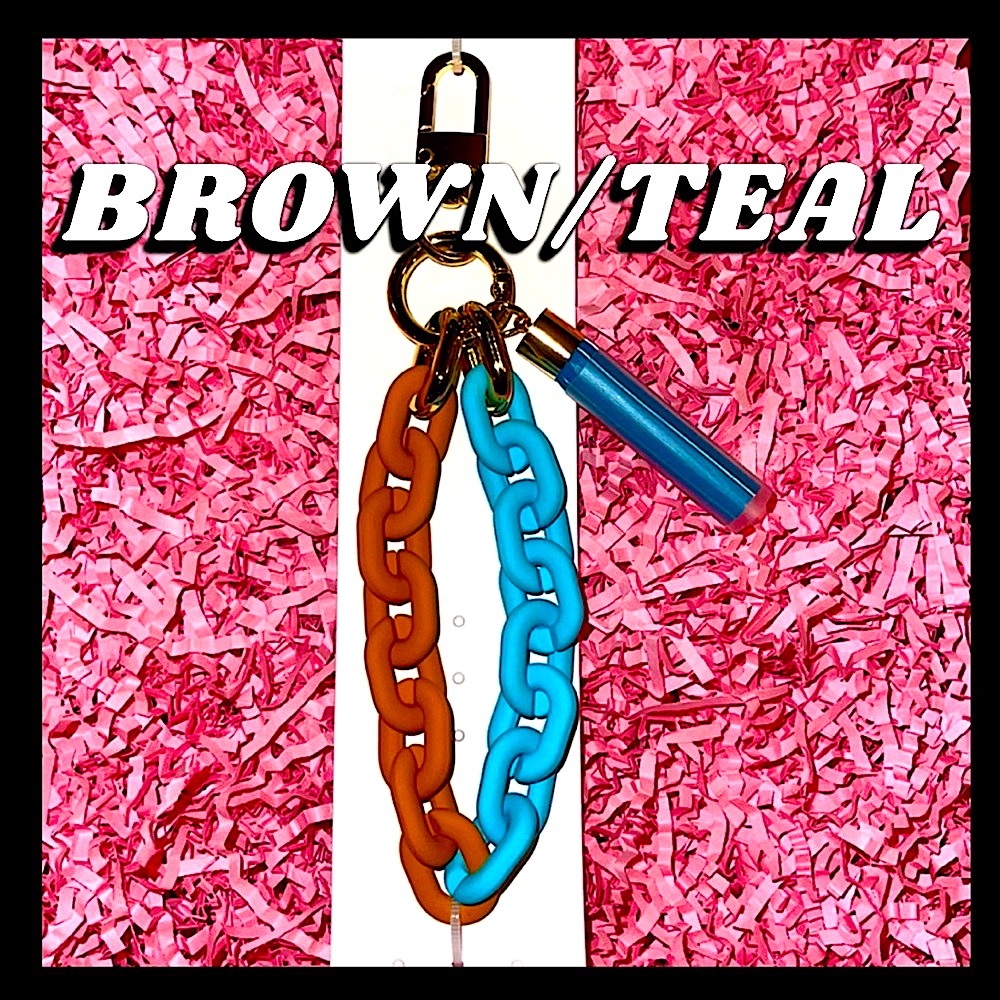 🆕🤎🩵BROWN/TEAL OVAL 2 TONED Rubber Coated Keychain Wristlet